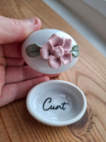 'Cunt' Upcycled Small Pink Rose Oval Shaped Trinket Pot