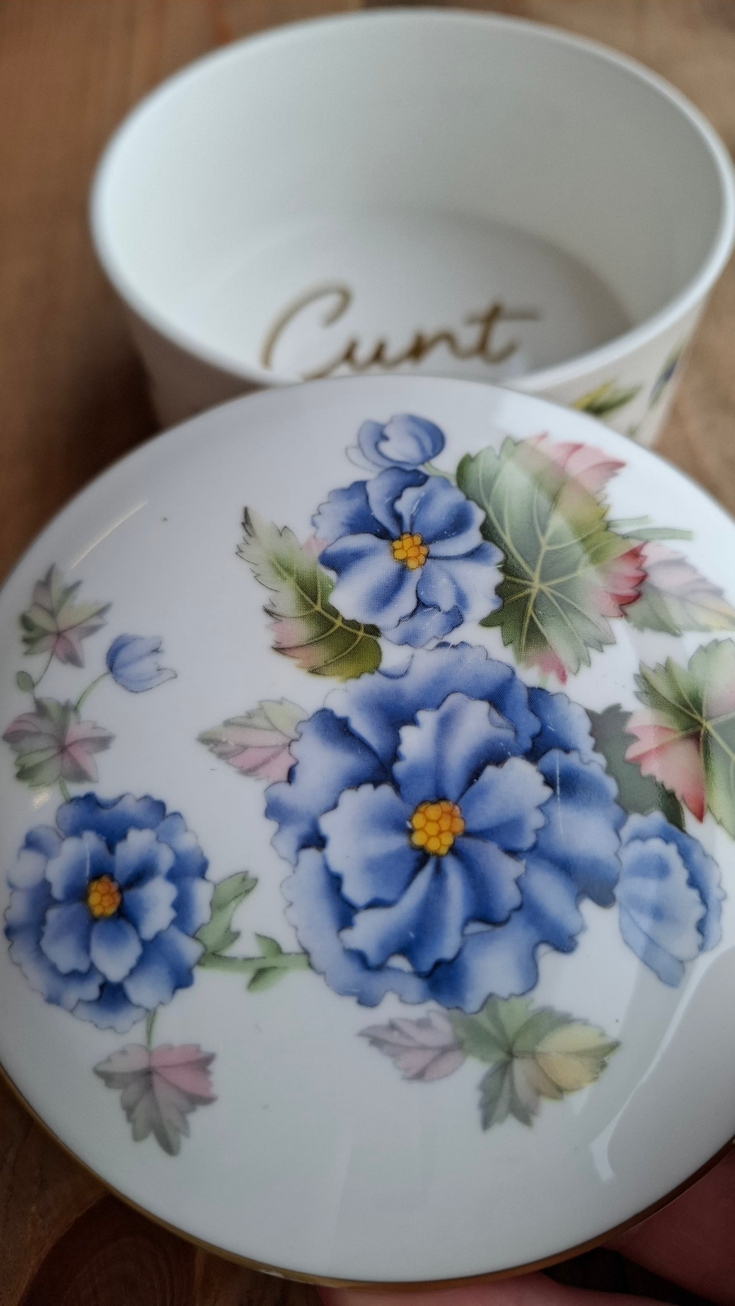 'Cunt' Upcycled Blue Floral Medium Sized Trinket Pot