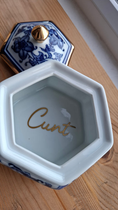 'Cunt' Upcycled Blue And White Fancy Ceramic Pot