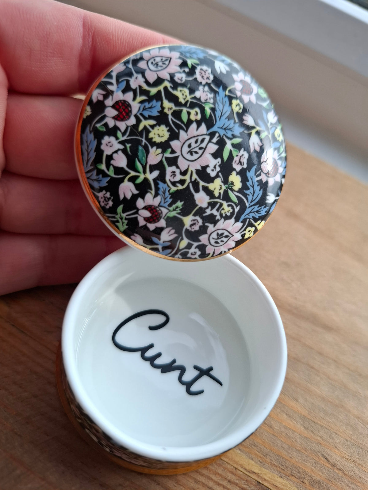 'Cunt' Upcycled Fancy Round Black Floral Trinket Pot