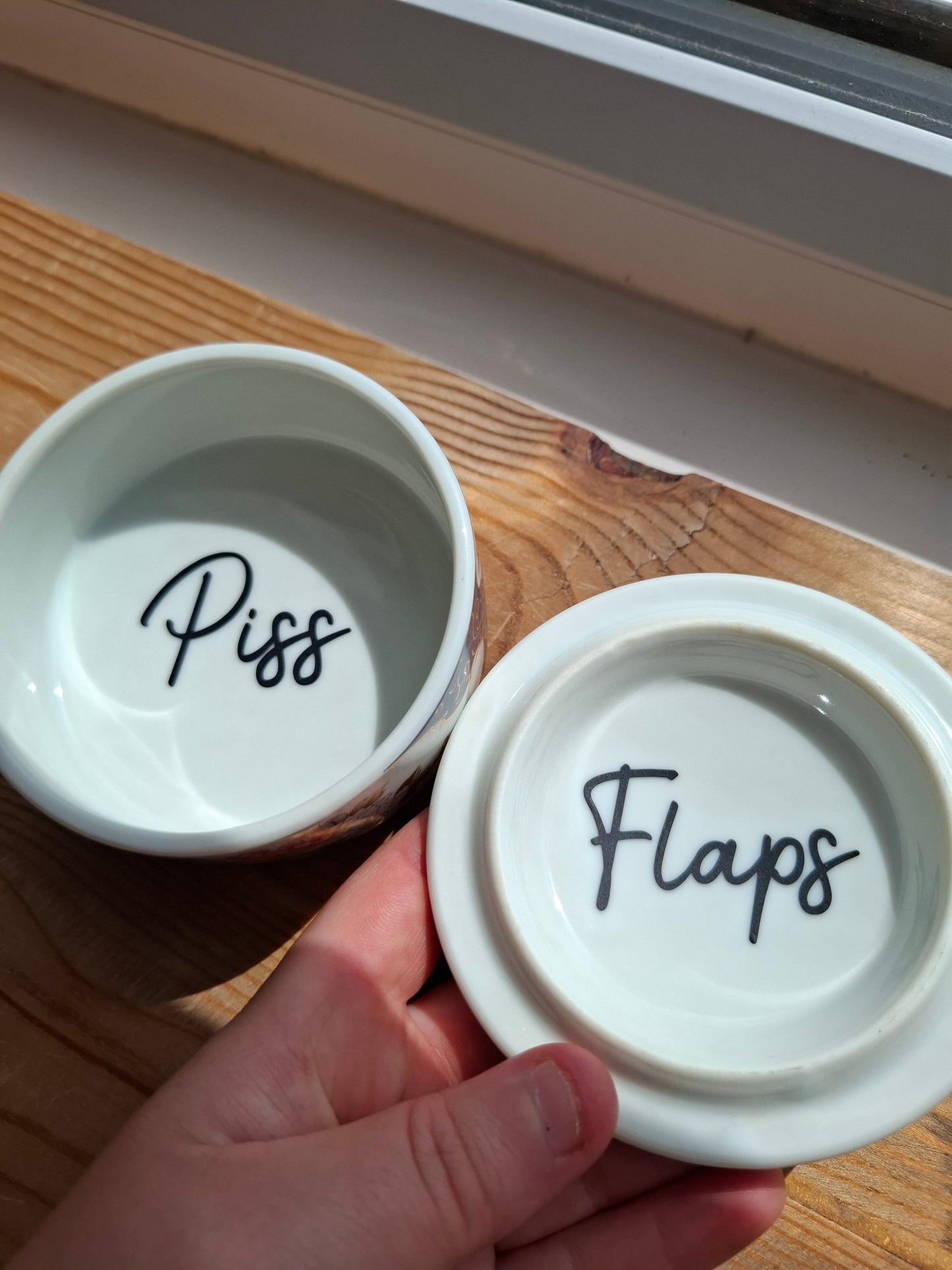 'Piss Flaps' Upcycled Round Bird Trinket Pot