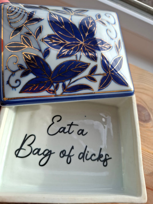 'Eat A Bag Of Dicks' Large Upcycled Blue/White Ceramic Pot