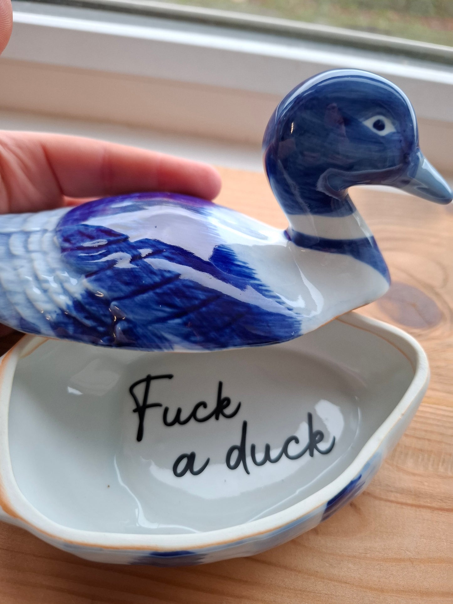 'Fuck A Duck' Upcycled Blue and White Duck Trinket Pot