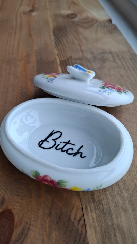 'Bitch' Upcycled Butterfly Floral Trinket Pot