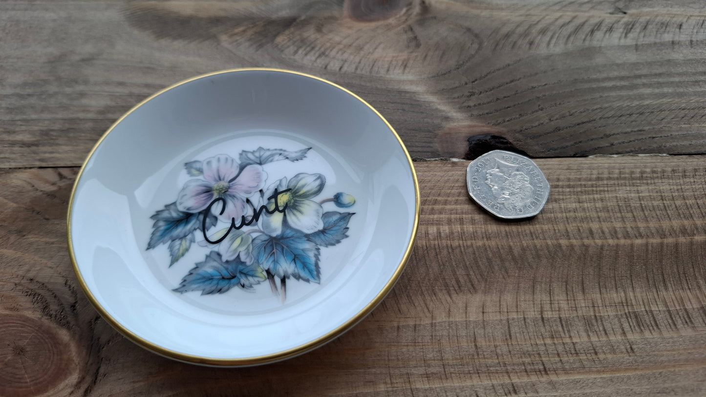 'Cunt' Upcycled Round Floral Small Trinket Dish (Bluey/Lilac)