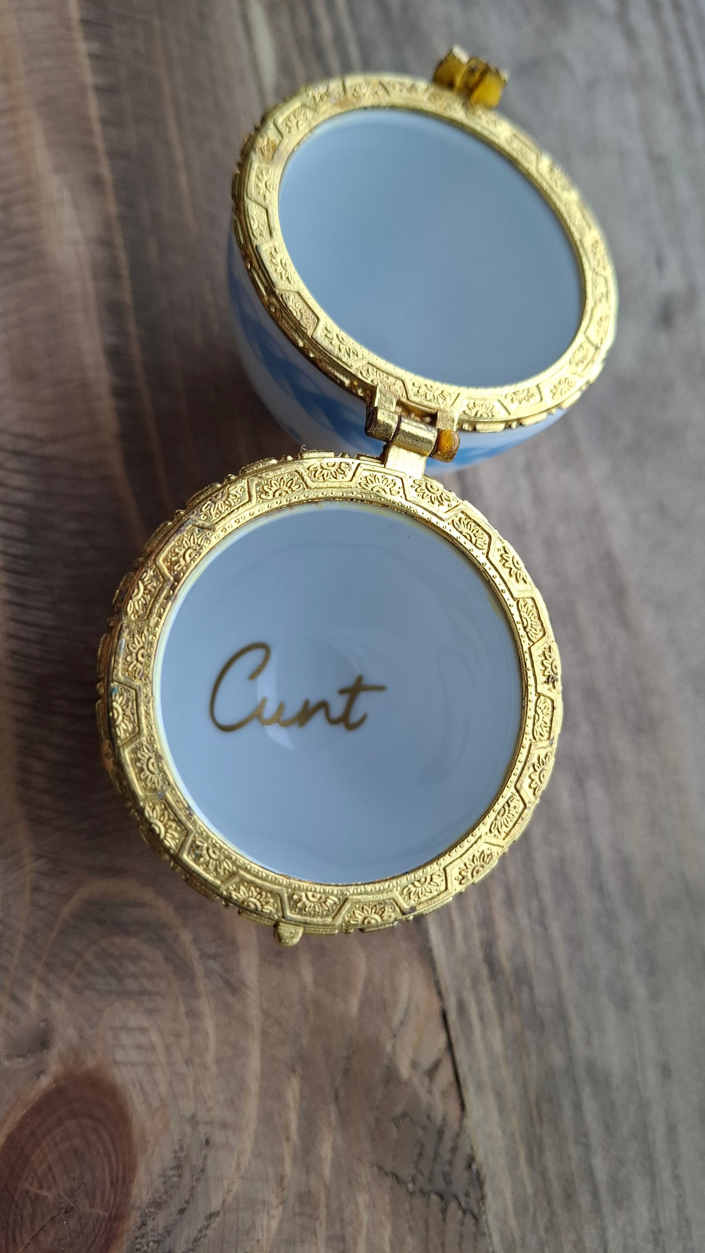 'Cunt' Upcycled White/Blue Egg Trinket Pot With Legs (DISCOUNTED DUE TO LITTLE CHIPPED LEG)