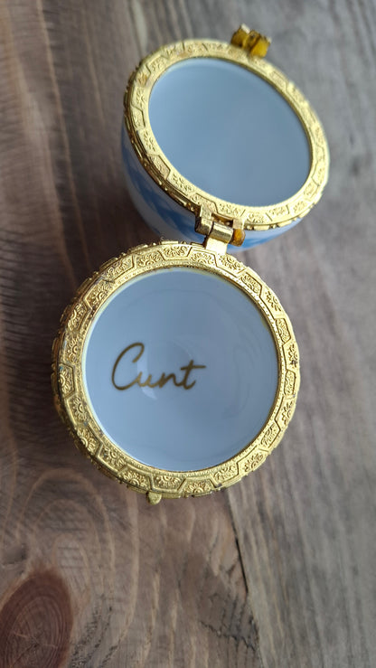 'Cunt' Upcycled White/Blue Egg Trinket Pot With Legs (DISCOUNTED DUE TO LITTLE CHIPPED LEG)