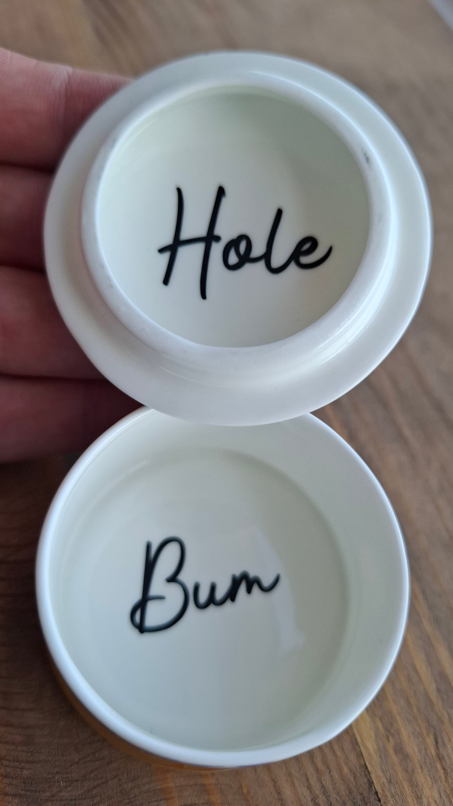 'Bum Hole' Upcycled Blue And White Pattern Trinket Pot