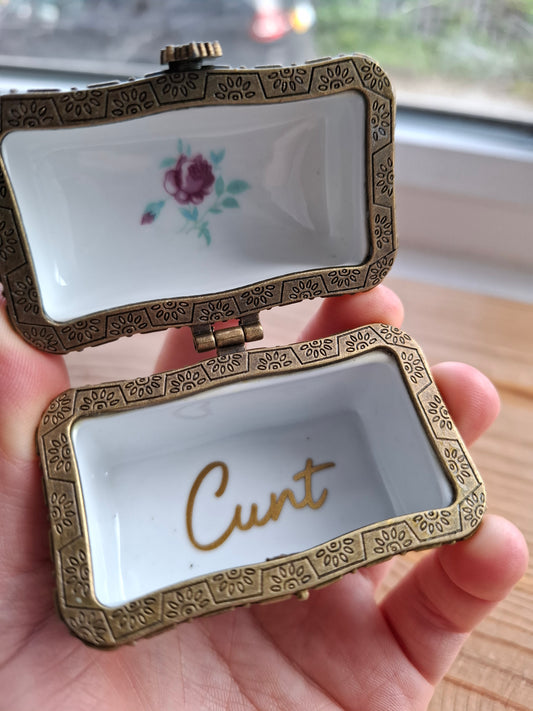 'Cunt' Upcycled Fancy Green Floral Trinket Pot With Clasp