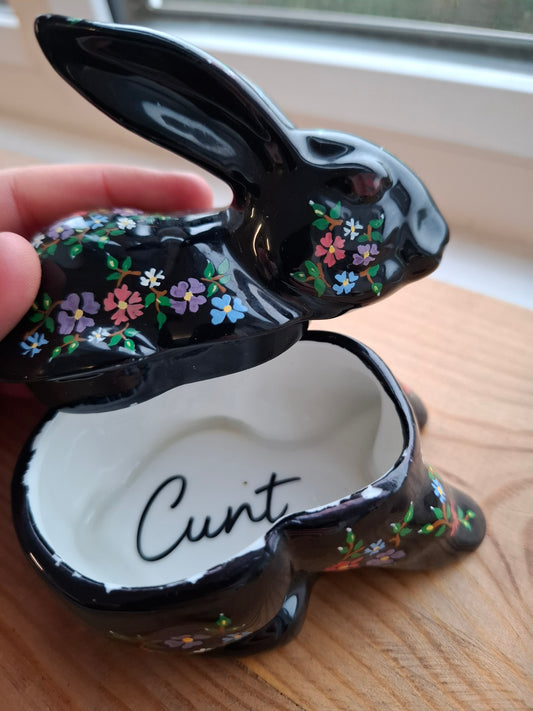 'Cunt' Upcycled Black Floral Rabbit Trinket Pot