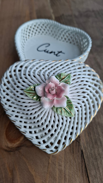 'Cunt' Upcycled White Metal Heart Trinket Pot (HAS SOME DAMAGE - DISCOUNTED)