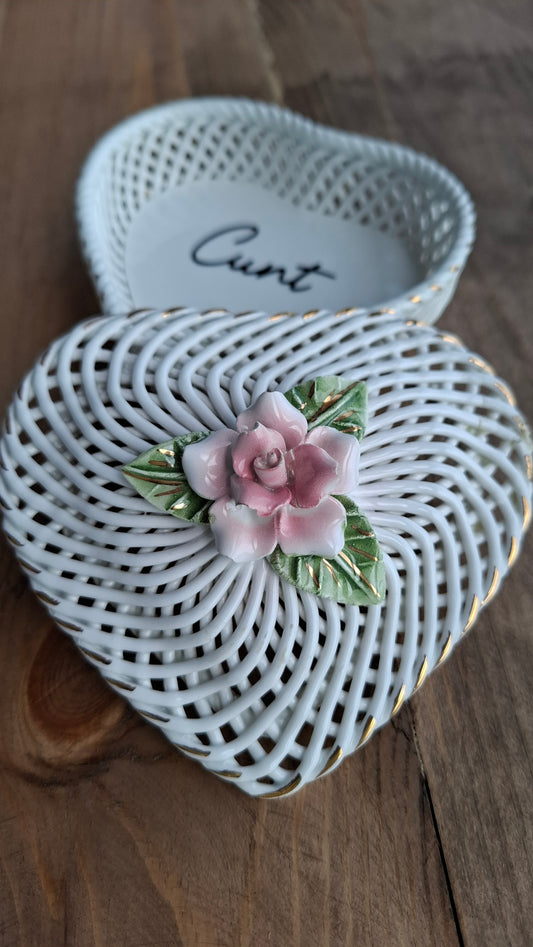 'Cunt' Upcycled White Metal Heart Trinket Pot (HAS SOME DAMAGE - DISCOUNTED)