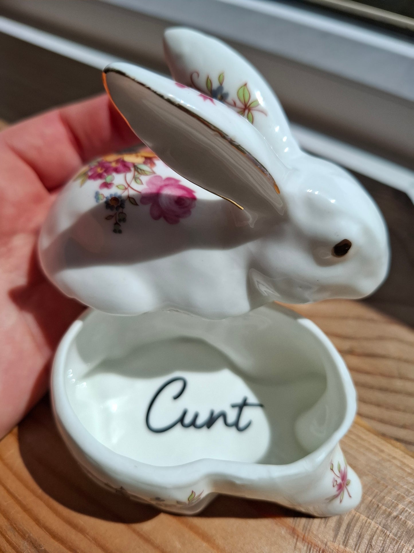 'Cunt' Upcycled White Floral Rabbit Trinket Pot
