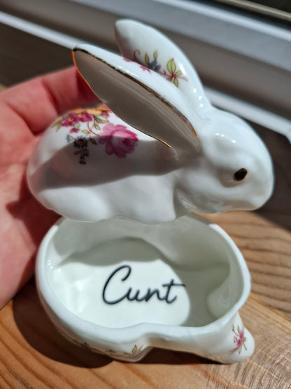 'Cunt' Upcycled White Floral Rabbit Trinket Pot