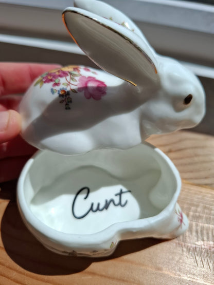 'Cunt' Upcycled White Floral Rabbit Trinket Pot
