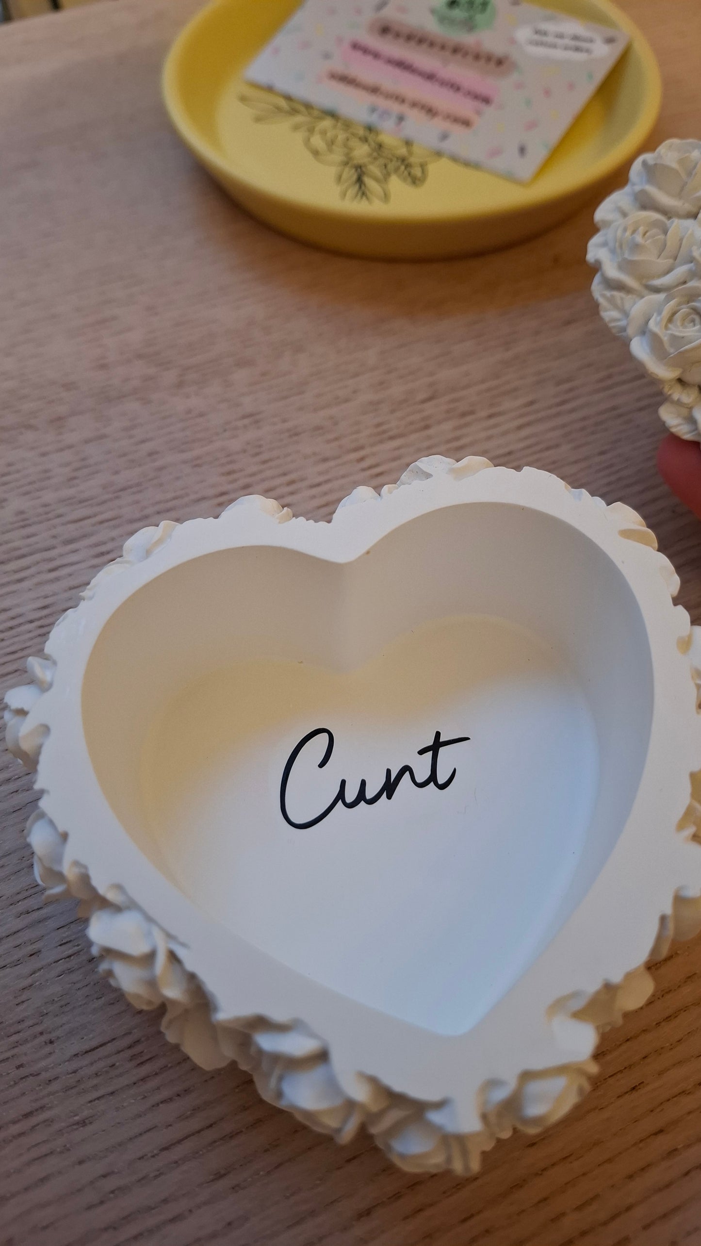 'Cunt' Upcycled Heart Shaped White Rose Trinket Pot