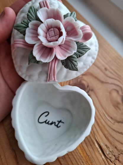 'Cunt' Upcycled Heart Shaped Pink Rose Trinket Pot