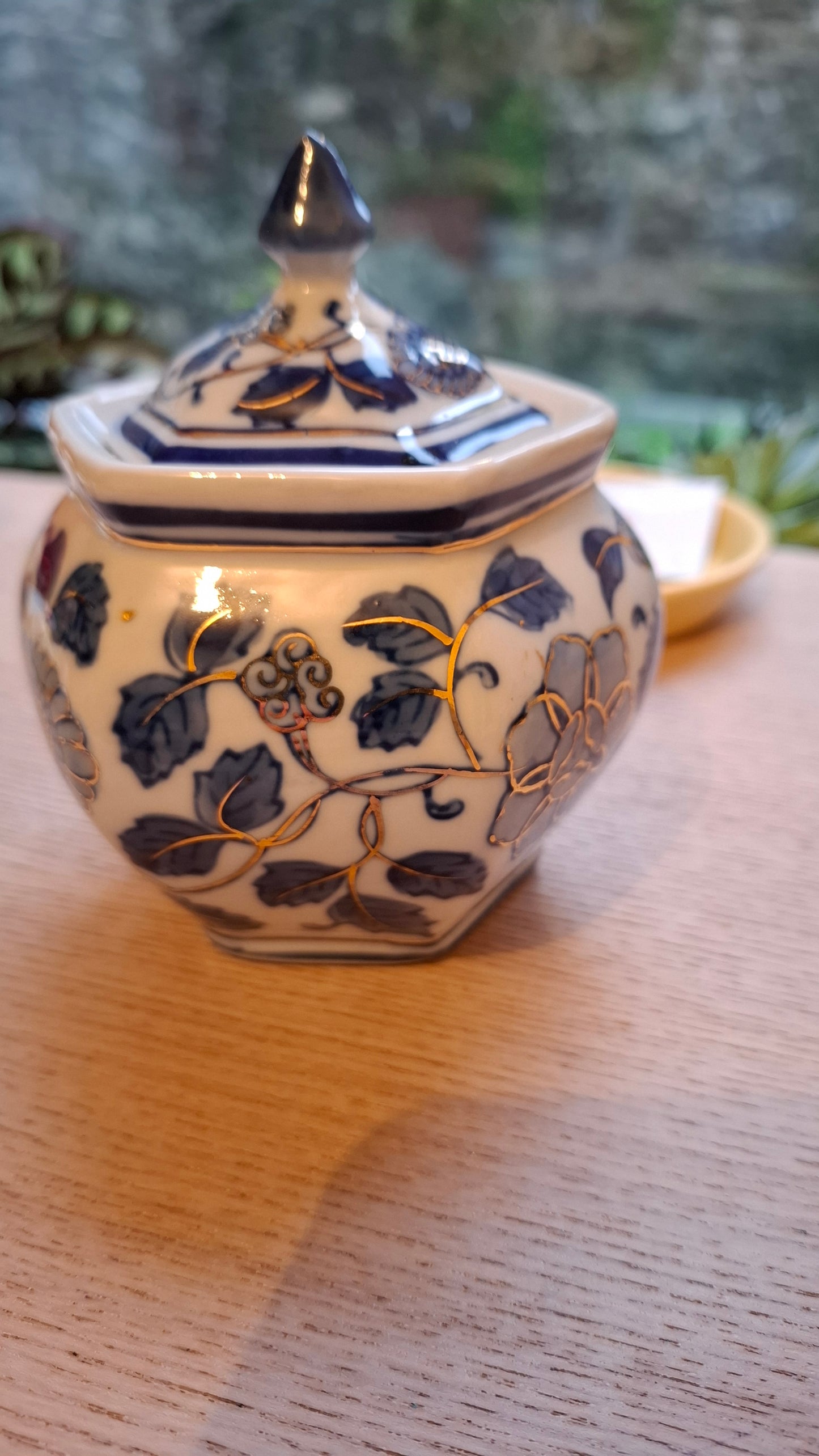 'Twat' Upcycled Blue And White Hexagon Shaped Pot