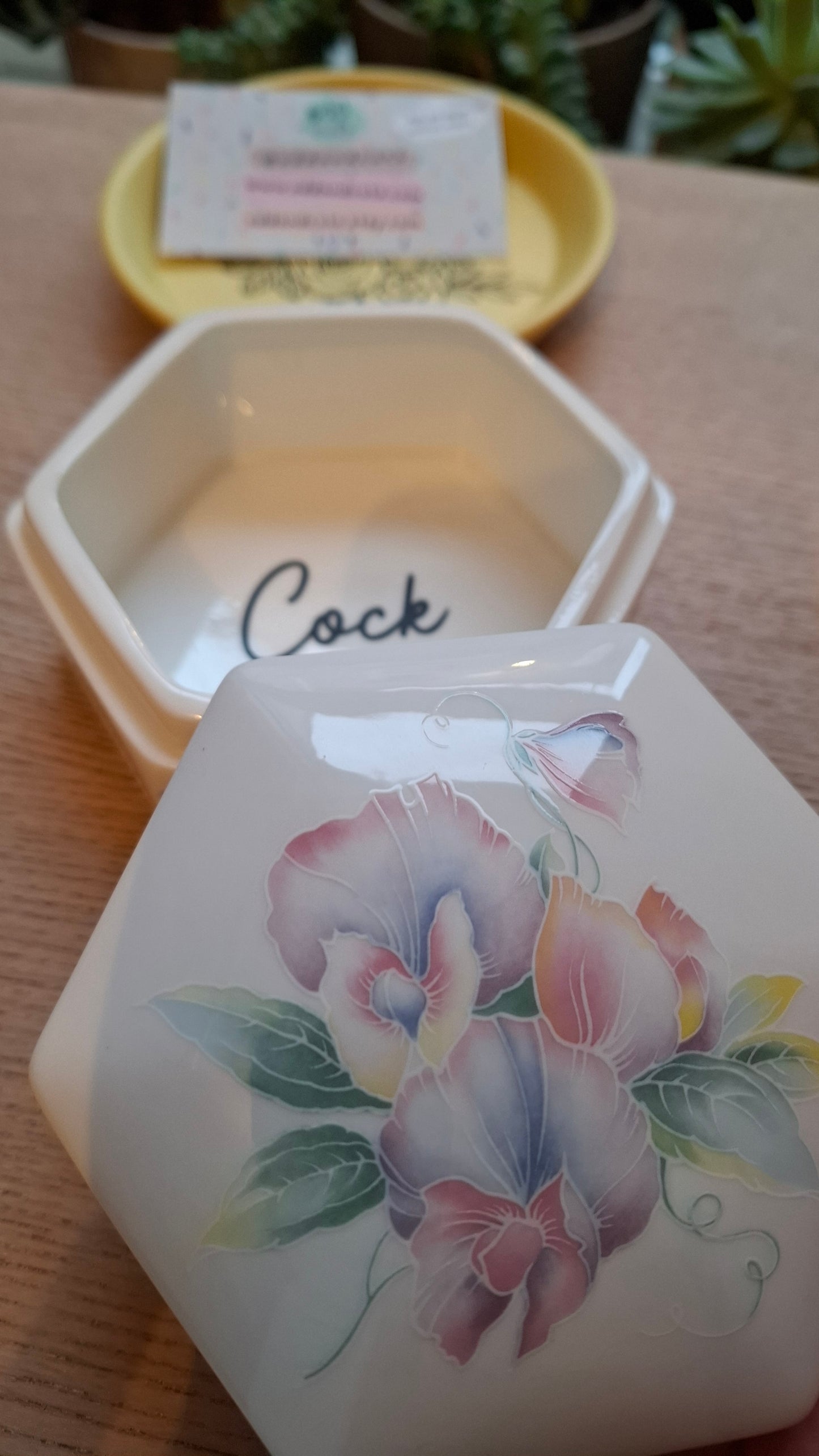 'Cock Womble' Upcycled Hexagon Shaped Floral Trinket Pot