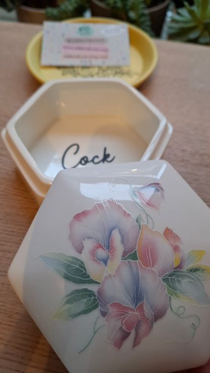 'Cock Womble' Upcycled Hexagon Shaped Floral Trinket Pot