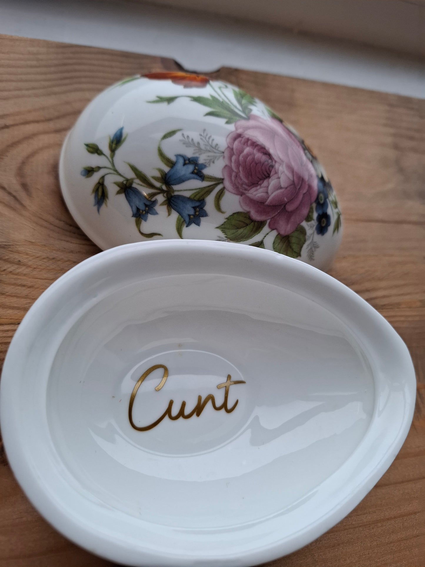 'Cunt' Upcycled Large Floral Egg Shaped Trinket Pot