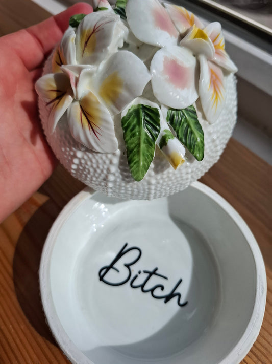 'Bitch' Upcycled Large White 3D Flowers Trinket Pot
