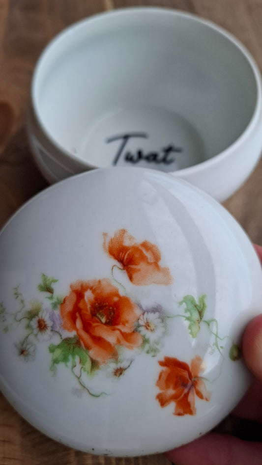 'Twat Flaps' Upcycled White Floral Trinket Pot