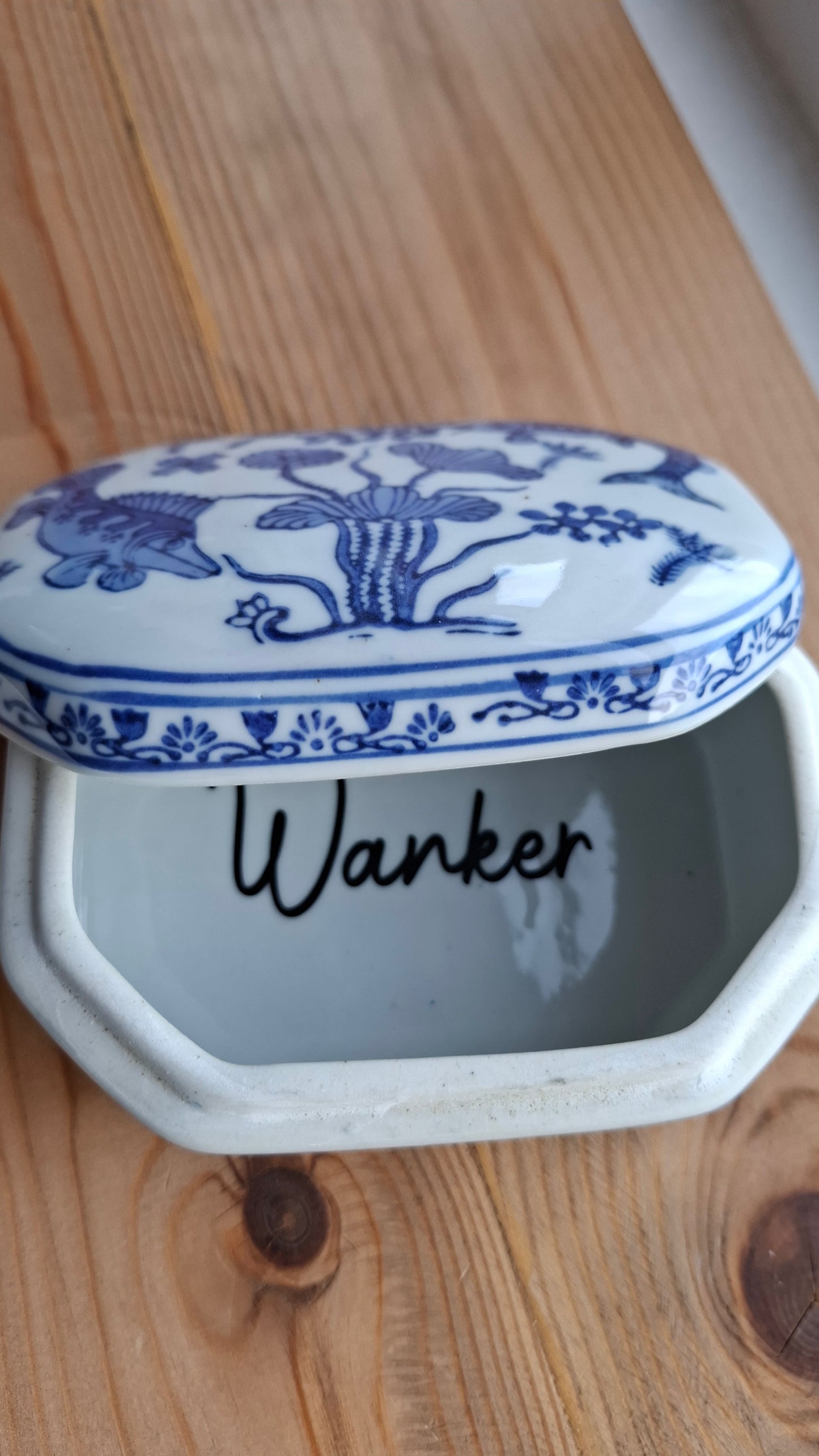 'Wanker' Upcycled Blue/White Fish Trinket Pot