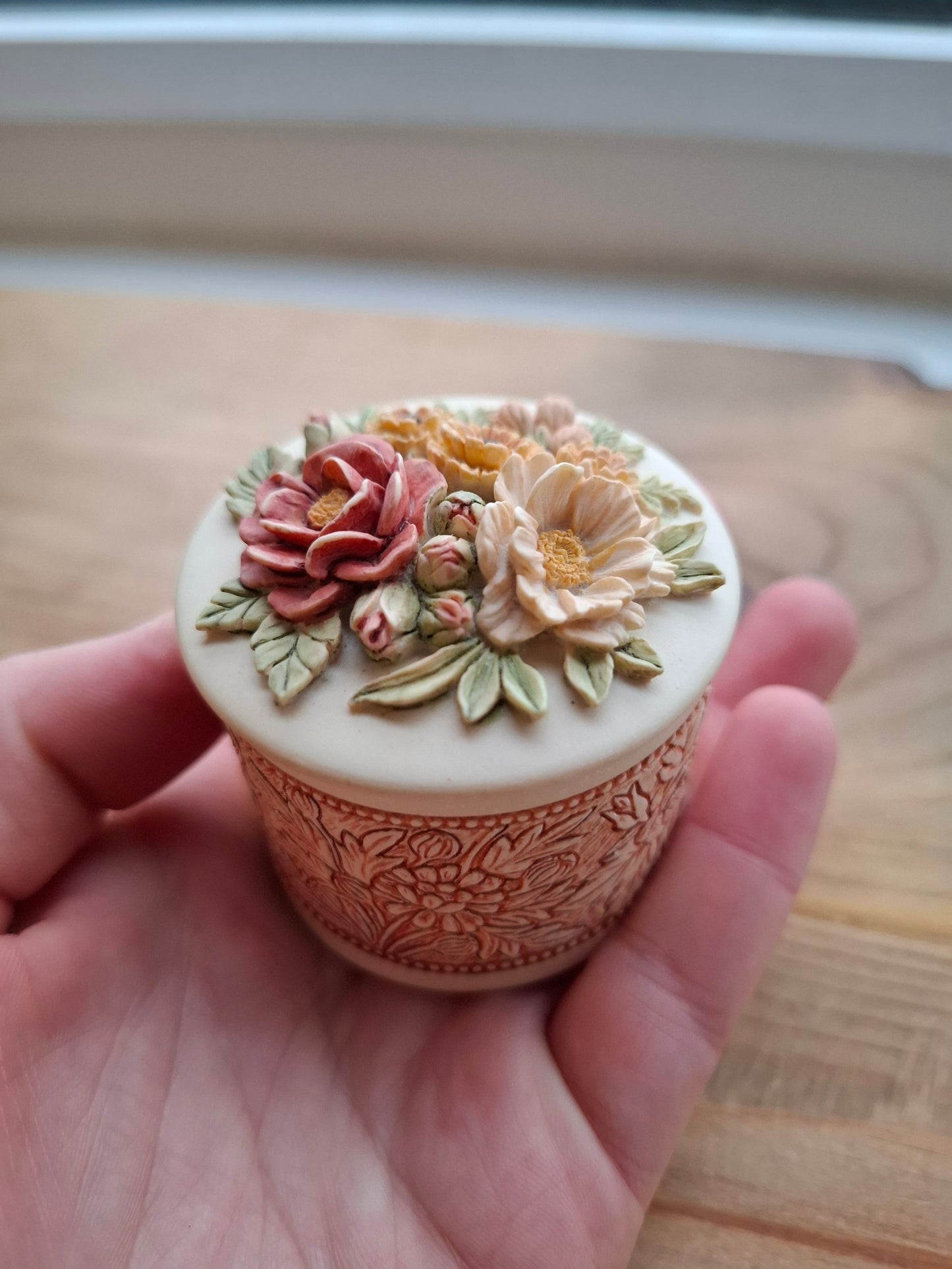 'Cunt' Upcycled Red Patterned Cream Trinket Pot