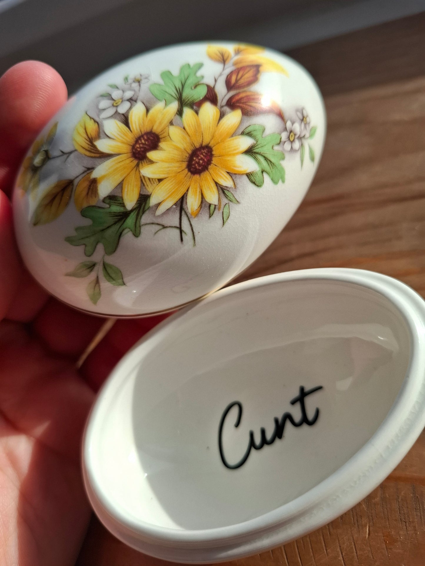 'Cunt' Upcycled Small Sunflower Egg Shaped Trinket Pot