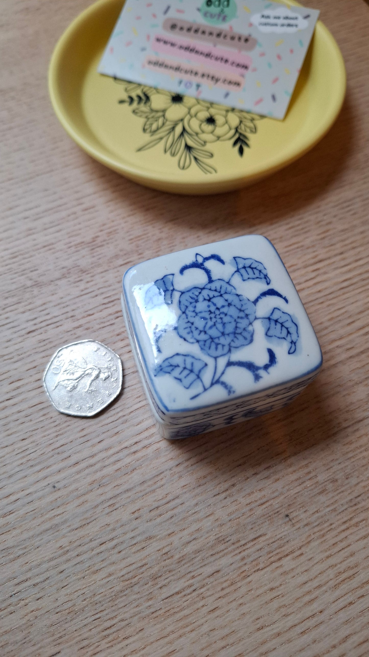 'Piss Flaps' Upcycled Blue And White Square Trinket Pot