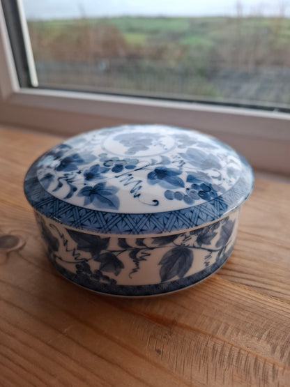 'Beef Curtains' Upcycled Large Round Blue/White Trinket Pot