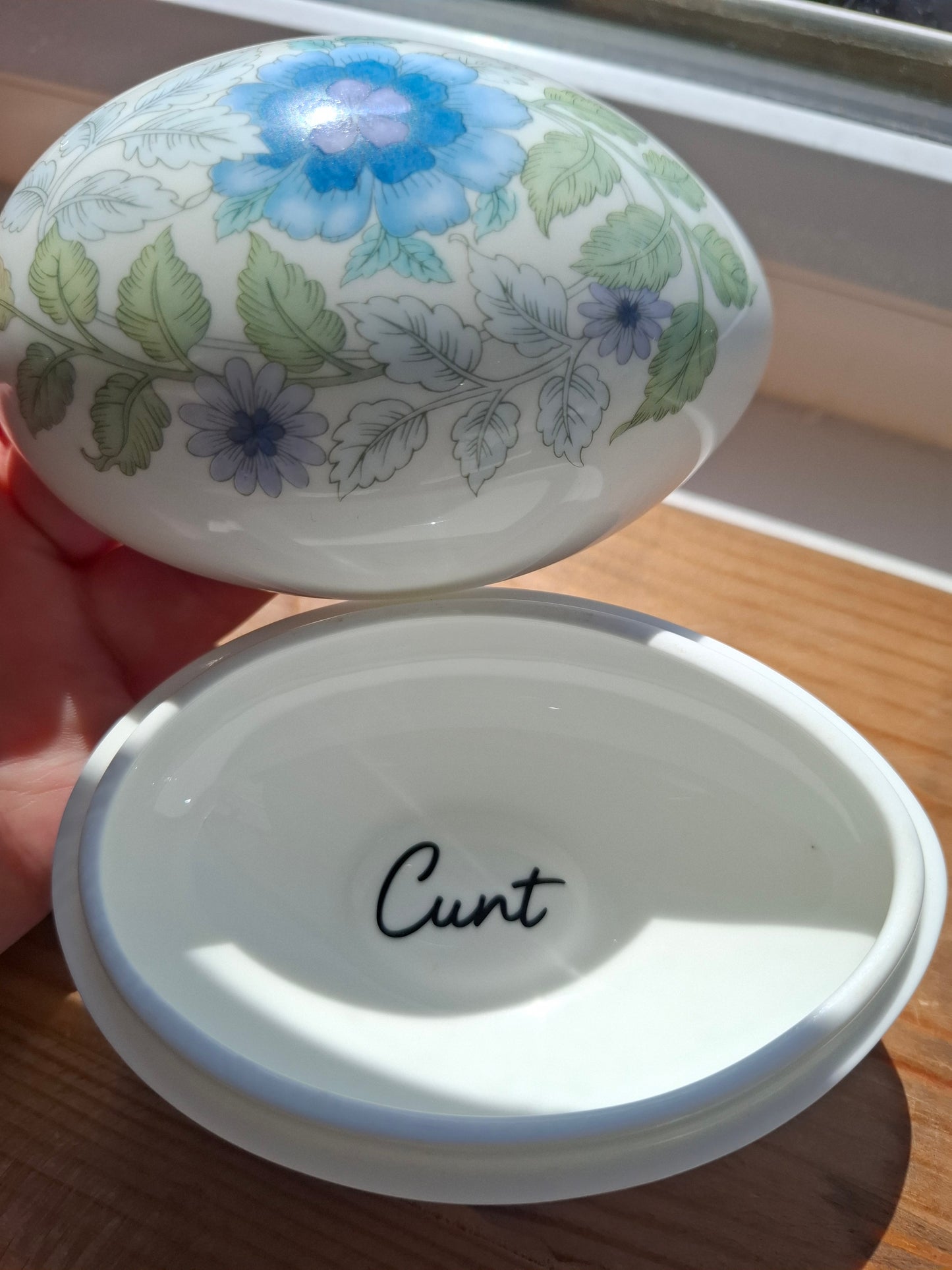 'Cunt' Upcycled Large Egg Shaped Trinket Pot (DISCOUNTED - DUE TO LID)