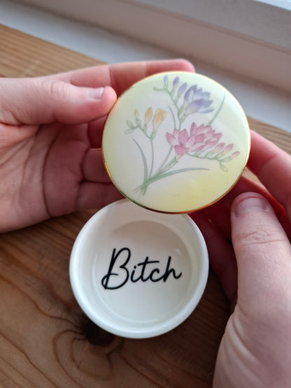 'Bitch' Upcycled Yellow Floral Trinket Pot