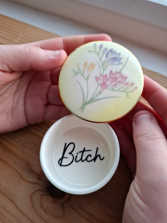 'Bitch' Upcycled Yellow Floral Trinket Pot