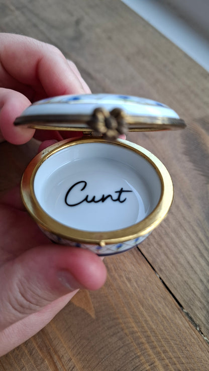 'Cunt' Upcycled Blue/White with Clasp Trinket Pot