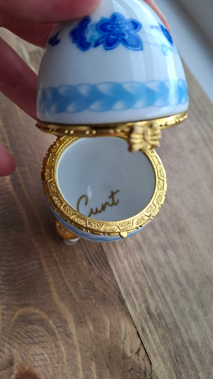 'Cunt' Upcycled White/Blue Egg Trinket Pot With Legs (DISCOUNTED DUE TO LITTLE CHIPPED LEG)