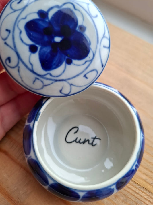 'Cunt' Upcycled Blue & White Round Pretty Trinket Pot