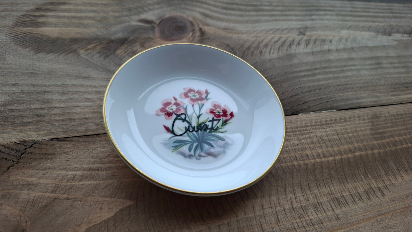 'Cunt' Upcycled Round Floral Small Trinket Dish (3 Pink Flowers)