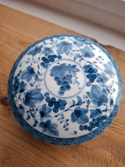 'Beef Curtains' Upcycled Large Round Blue/White Trinket Pot