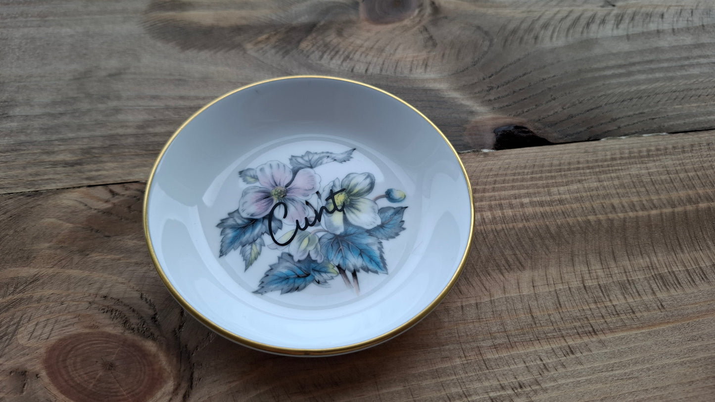 'Cunt' Upcycled Round Floral Small Trinket Dish (Bluey/Lilac)