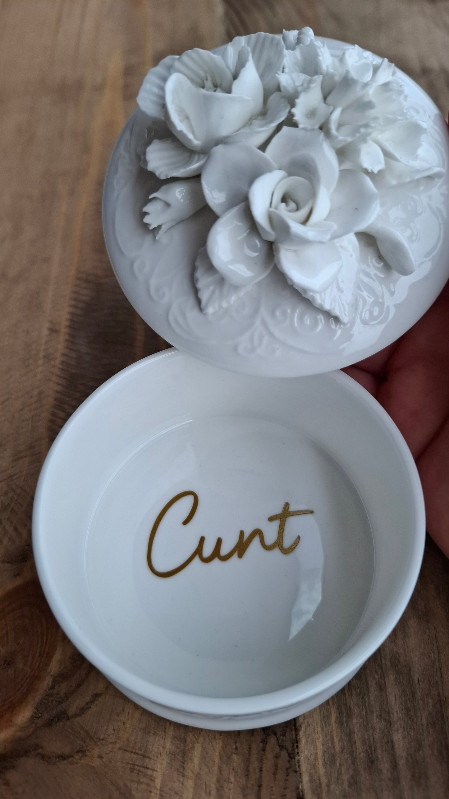 'Cunt' Upcycled White Rose Floral Trinket Pot
