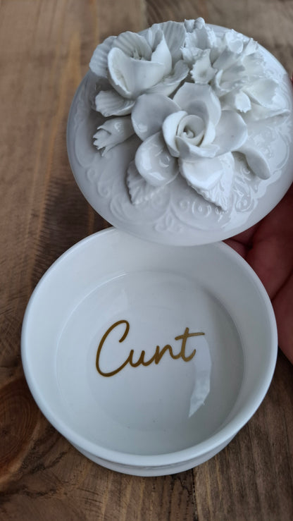 'Cunt' Upcycled White Rose Floral Trinket Pot