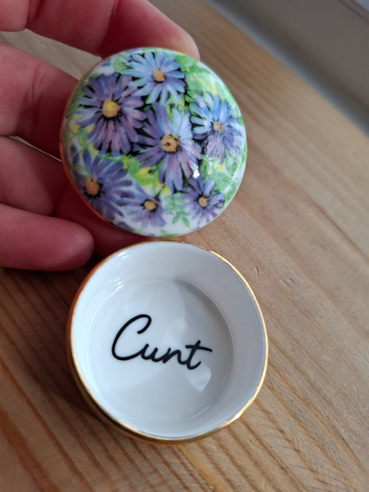 'Cunt' Upcycled Little Purple Floral Round Trinket Pot