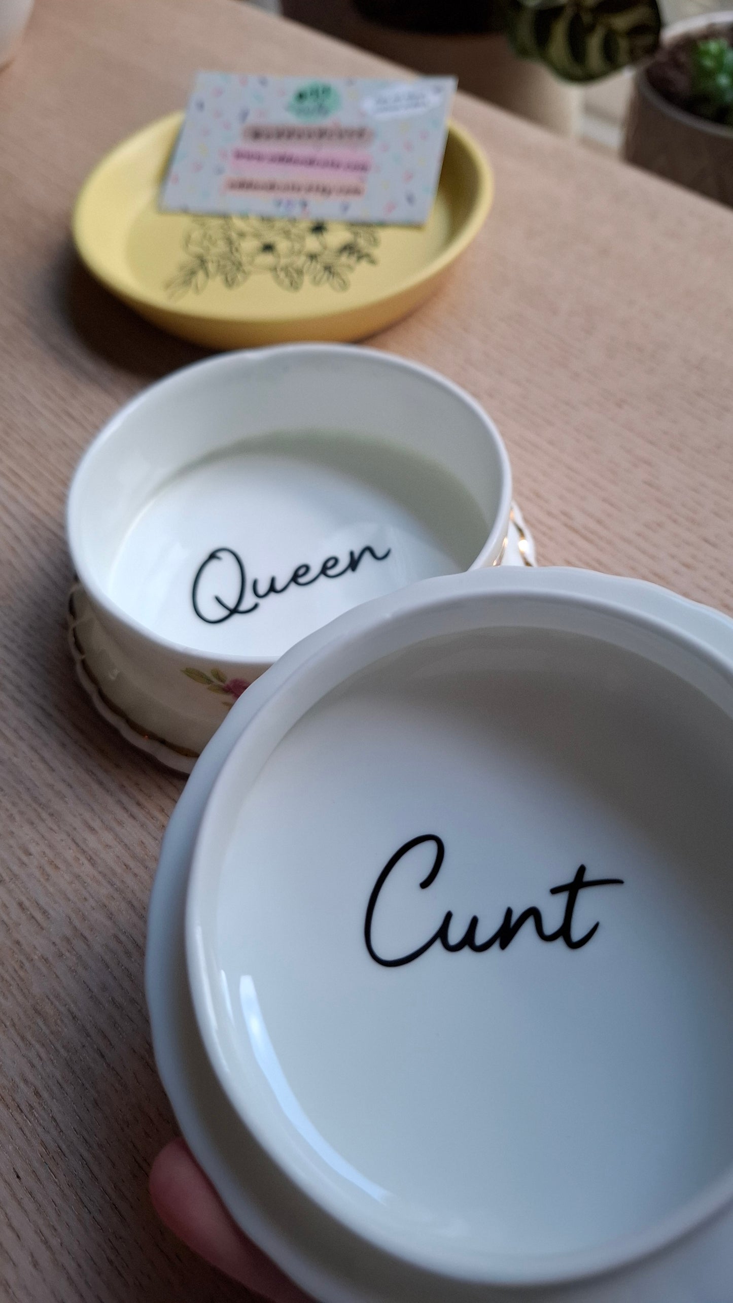 'Queen Cunt' Upcycled Round White and Floral Trinket Pot