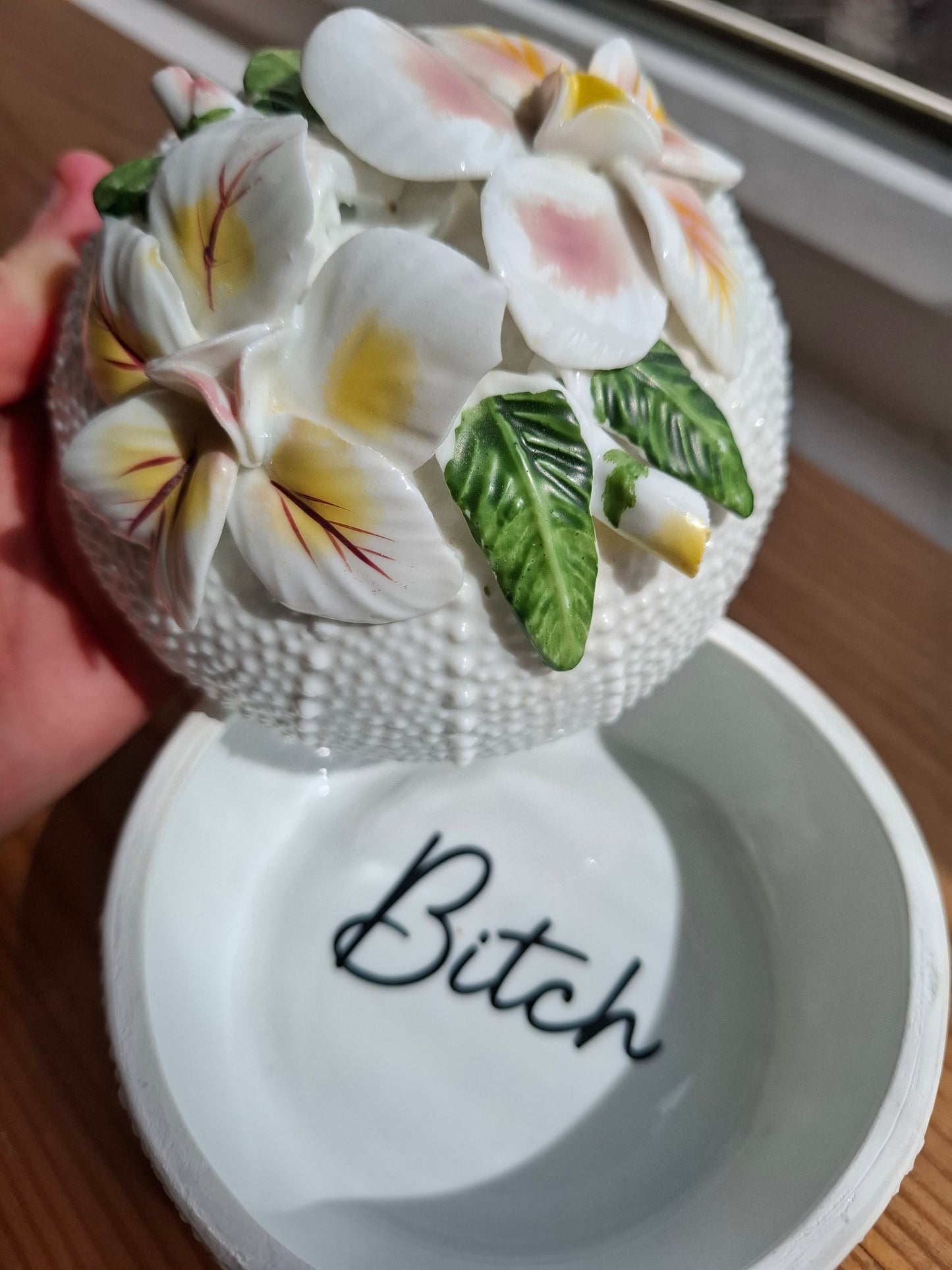 'Bitch' Upcycled Large White 3D Flowers Trinket Pot