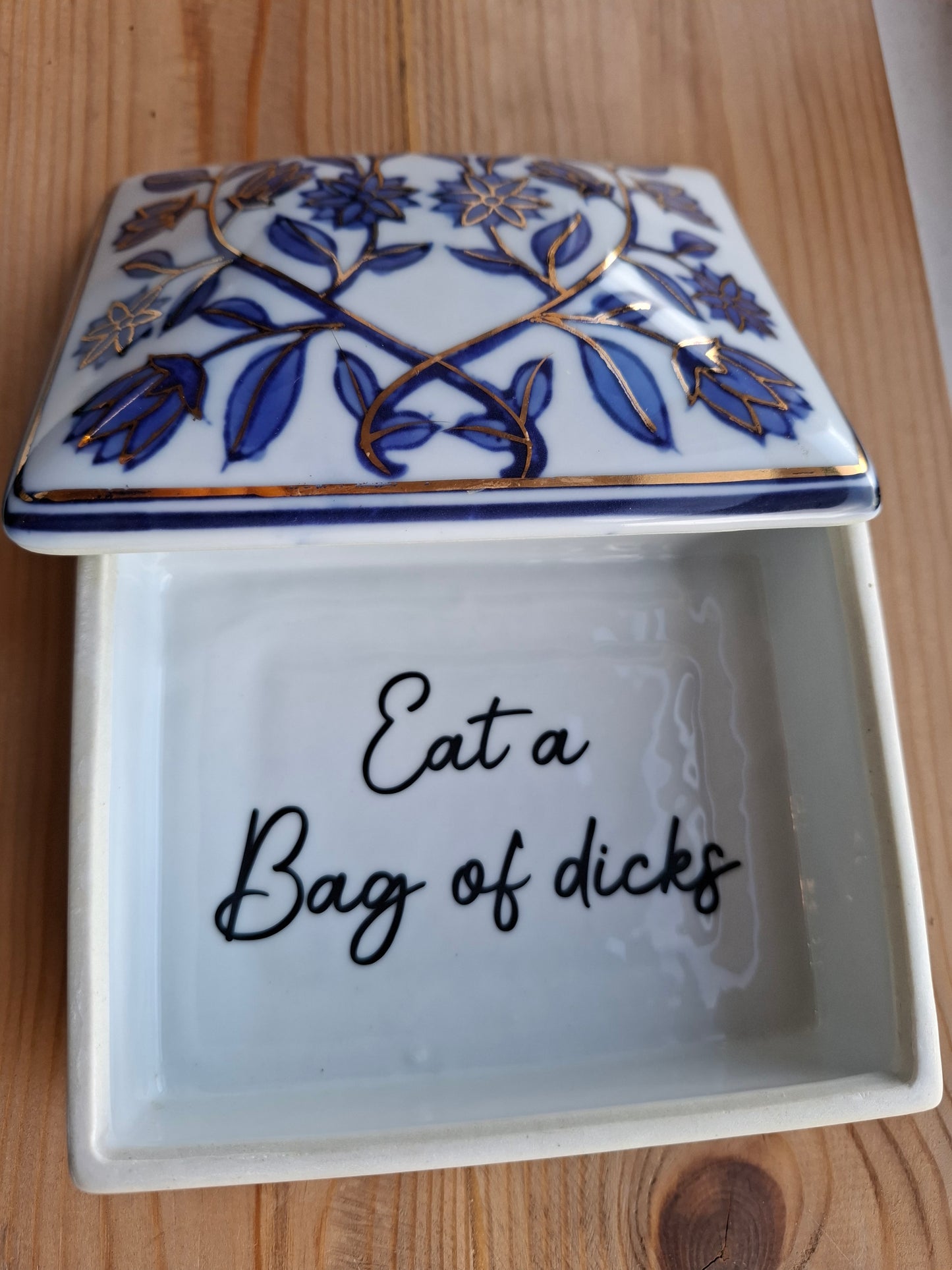 'Eat A Bag Of Dicks' Large Upcycled Blue/White Ceramic Pot