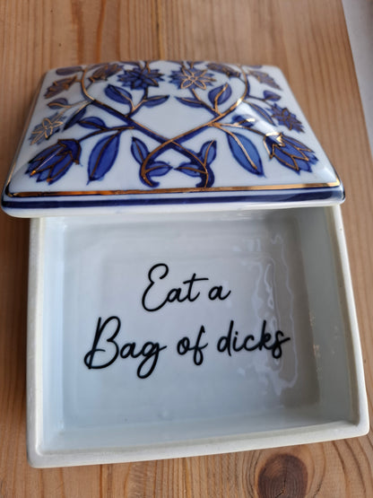 'Eat A Bag Of Dicks' Large Upcycled Blue/White Ceramic Pot
