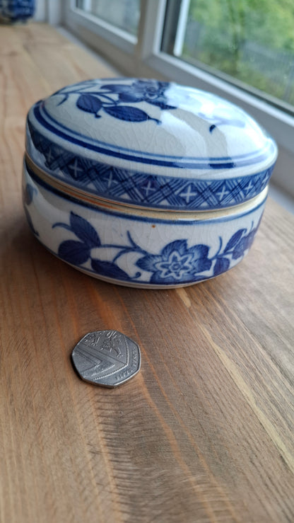 'Fanny Flaps' Upcycled Large Blue And White Round Trinket Pot