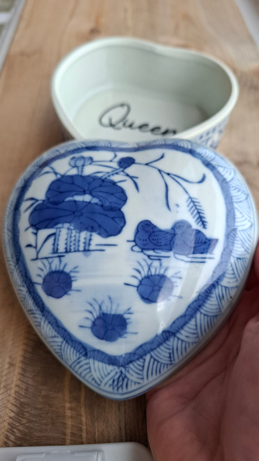 'Queen Cunt' Upcycled Large Pretty Blue/White Heart Trinket Pot